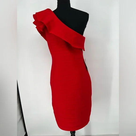 VENUS dramatic‎ Red Ruffle Bandage Bodycon Dress One Shoulder Sleeveless - Picture 8 of 13